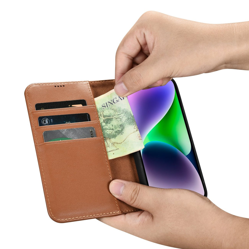 iCarer odinis Anti‑RFID dėklas iPhone 14 Plus – rudas