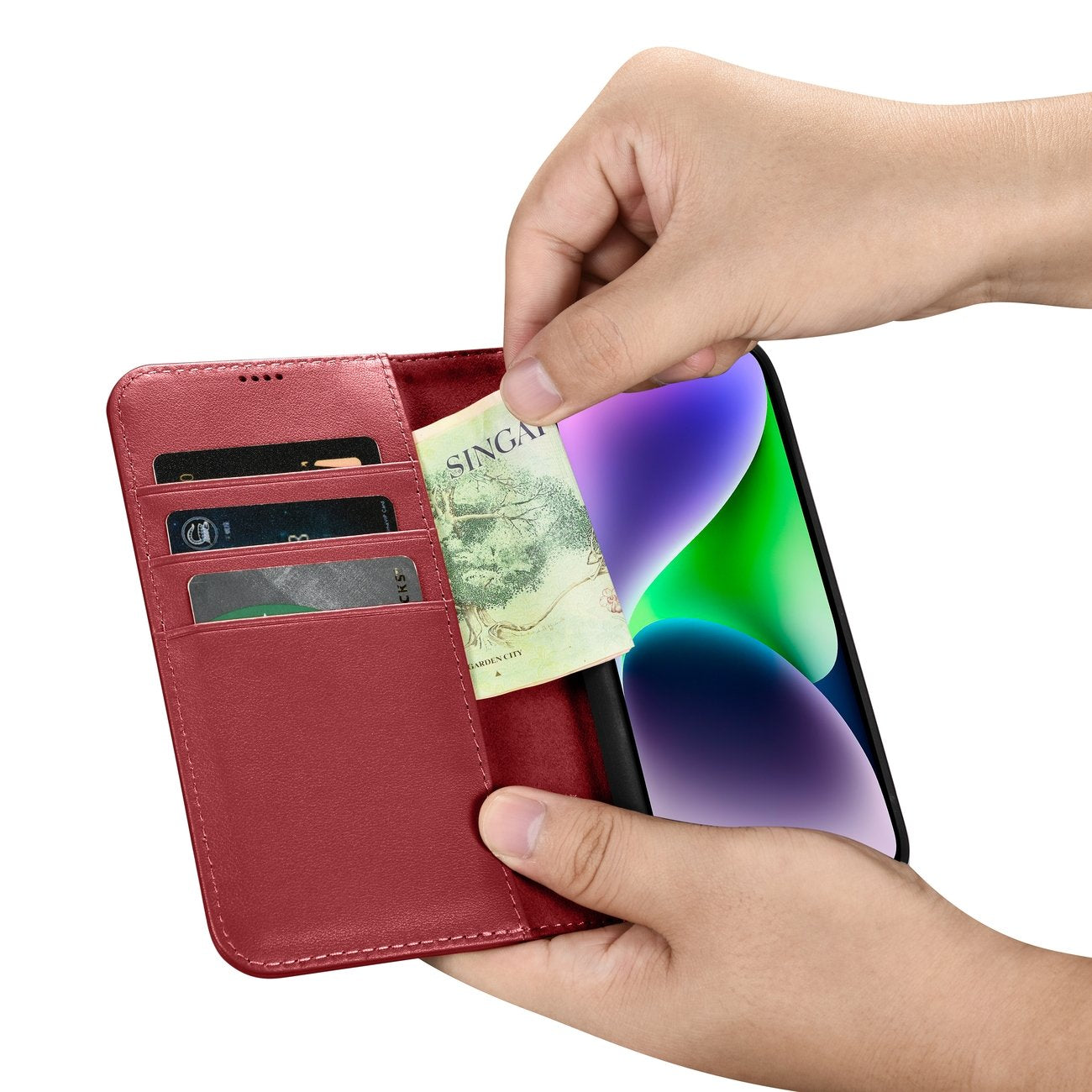 iCarer odinis Anti-RFID dėklas iPhone 14 Plus – raudonas