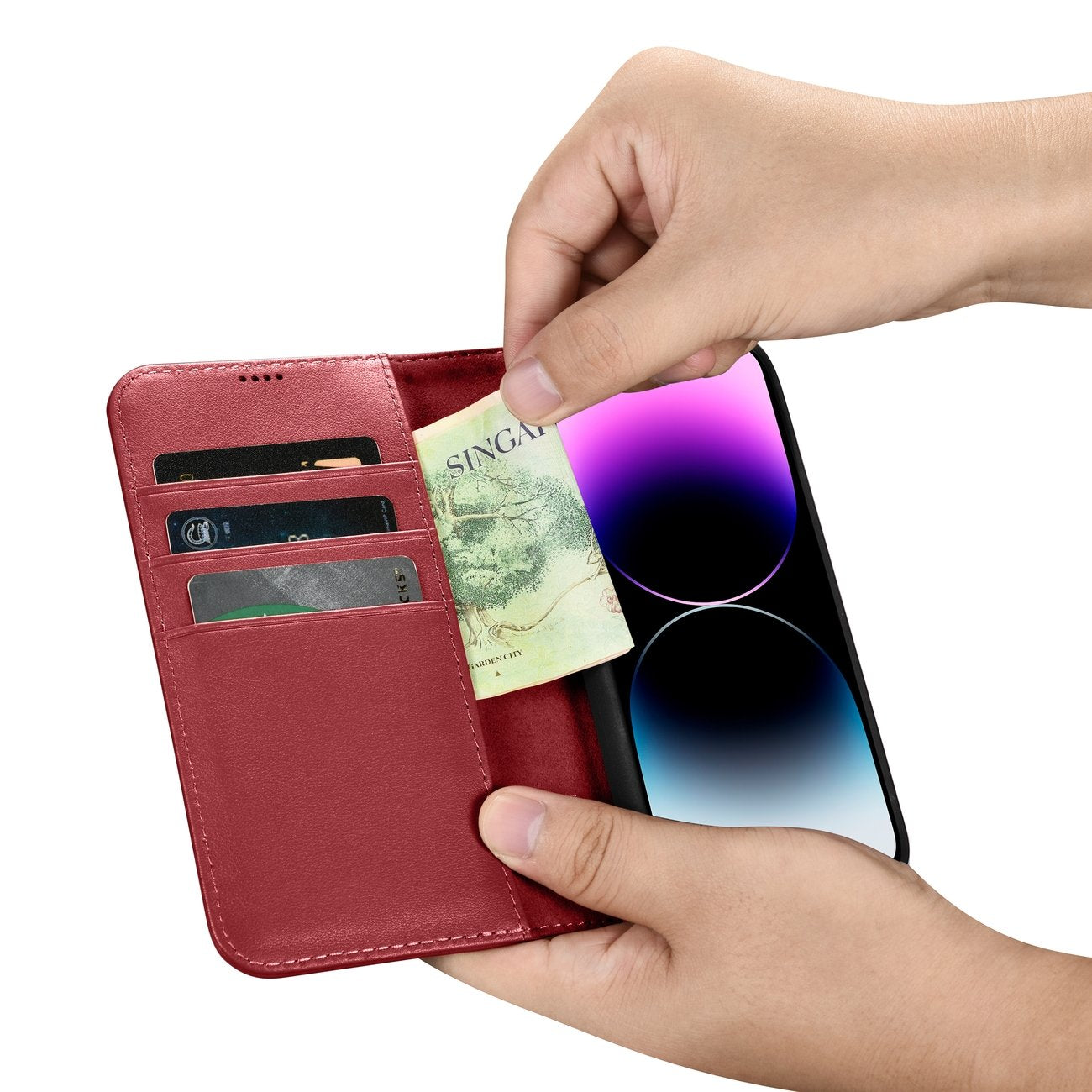 iCarer odinis 2in1 RFID dėklas iPhone 14 Pro Max – raudonas