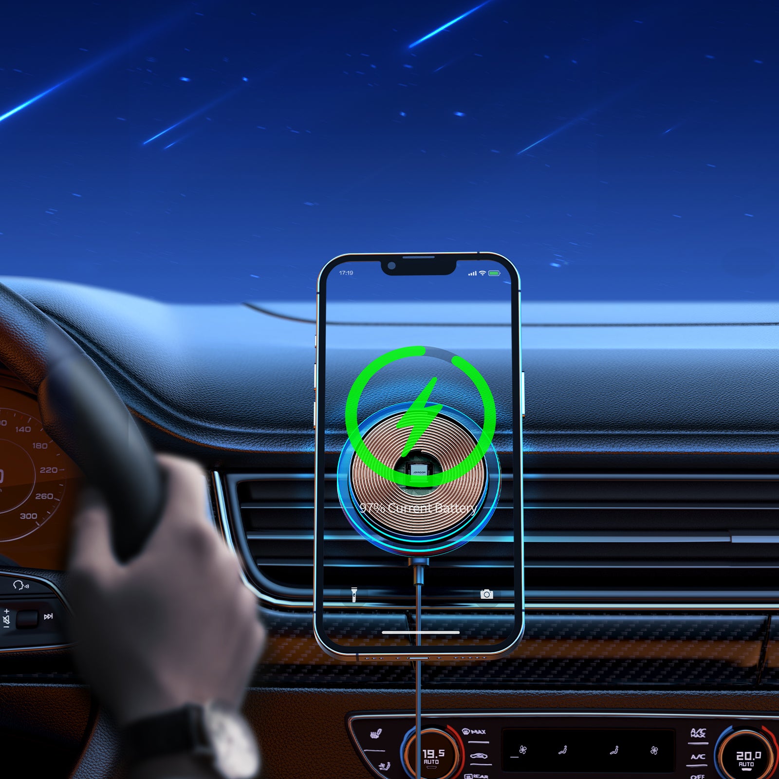 Joyroom automobilinis telefono laikiklis su 15W Qi belaidžiu įkrovikliu (suderinamas su MagSafe) ventiliacijos grotelėms, sidabrinis (JR-ZS291)