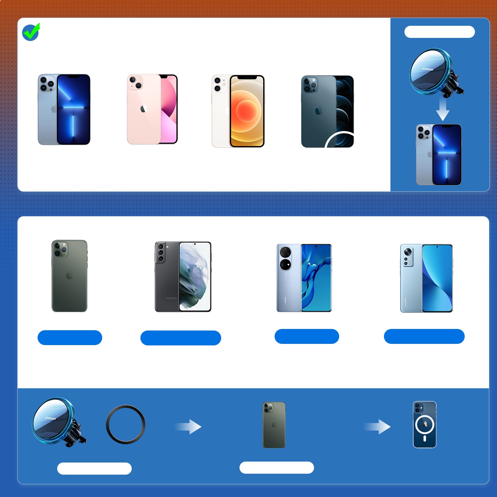Joyroom automobilinis telefono laikiklis su 15W Qi belaidžiu įkrovikliu (suderinamas su MagSafe) ventiliacijos grotelėms, sidabrinis (JR-ZS291)