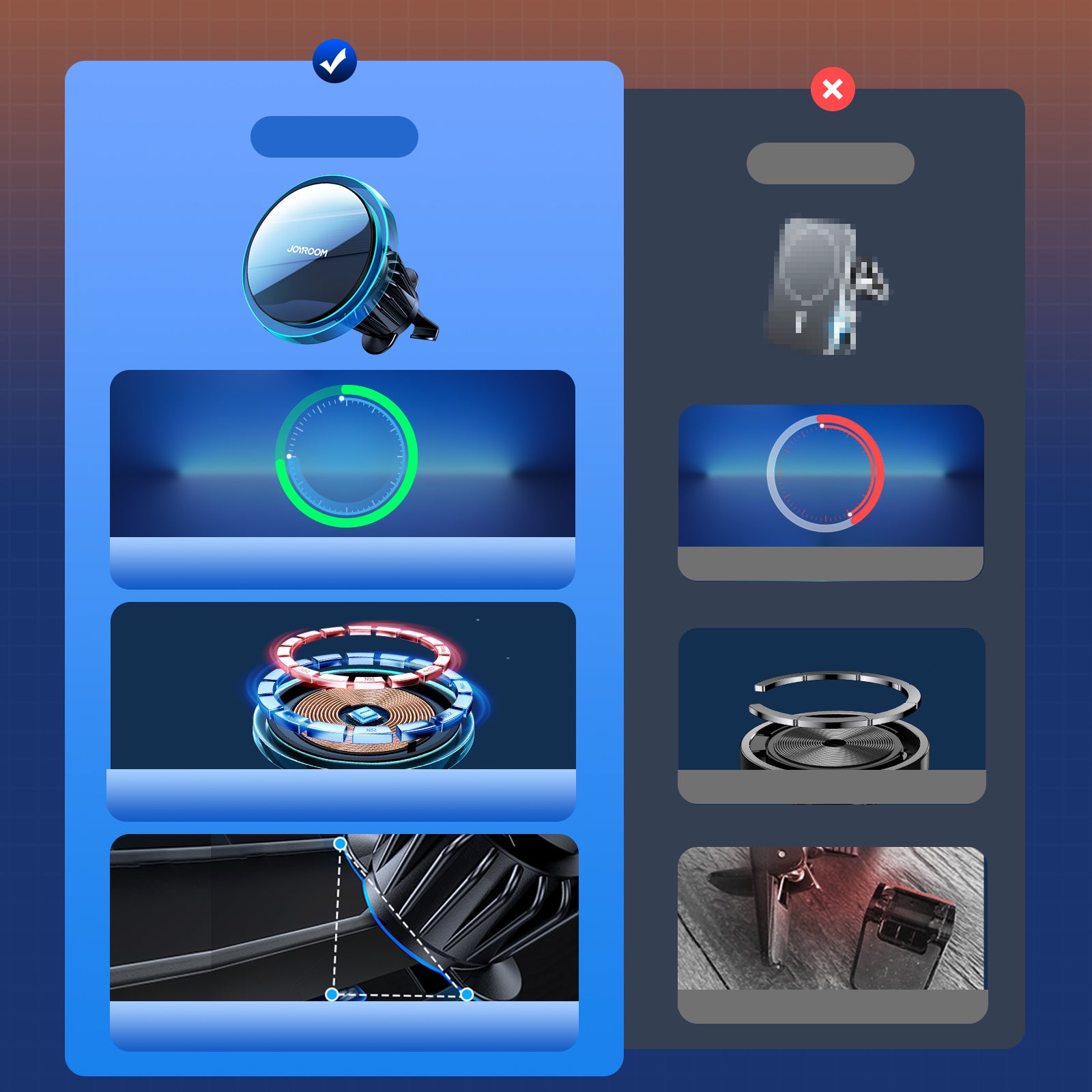 Joyroom automobilinis telefono laikiklis su 15W Qi belaidžiu įkrovikliu (suderinamas su MagSafe) ventiliacijos grotelėms, sidabrinis (JR-ZS291)