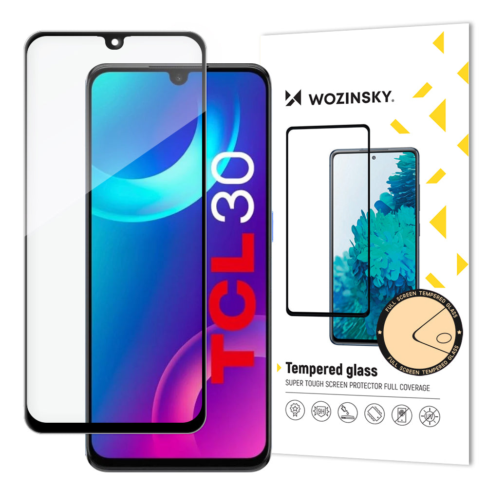 Wozinsky itin patvarus Full Glue grūdintas stiklas per visą ekraną su dėklu draugišku TCL 30 juodu rėmeliu -- Cell phone...