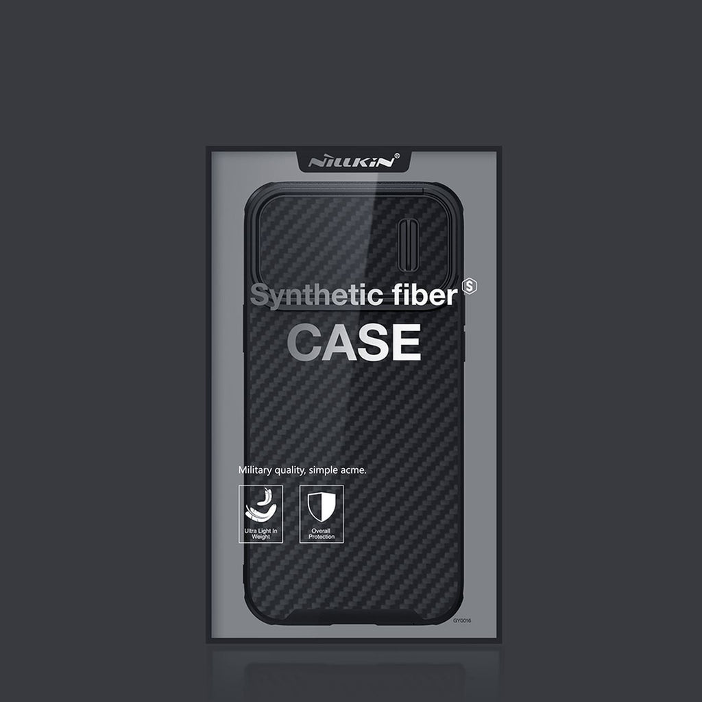 Nillkin Synthetic Fiber S dėklas iPhone 14 Pro su kameros dangteliu – juodas
