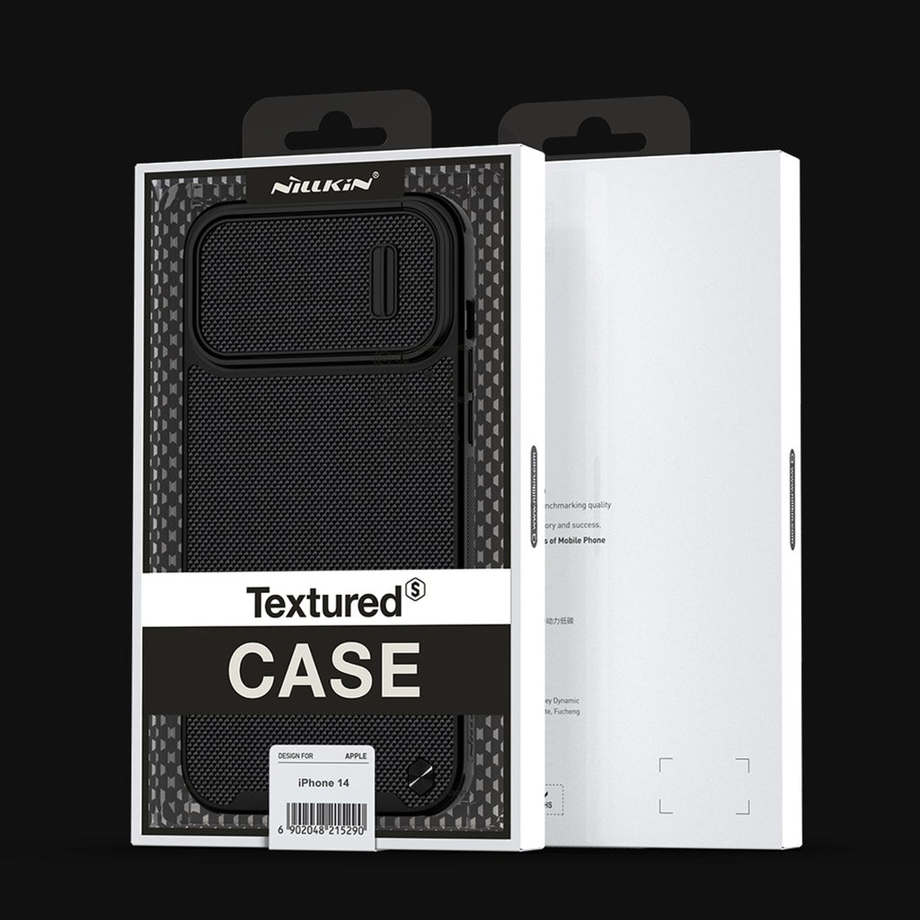 Nillkin Textured S MagSafe dėklas iPhone 14 su kameros dangteliu – juodas