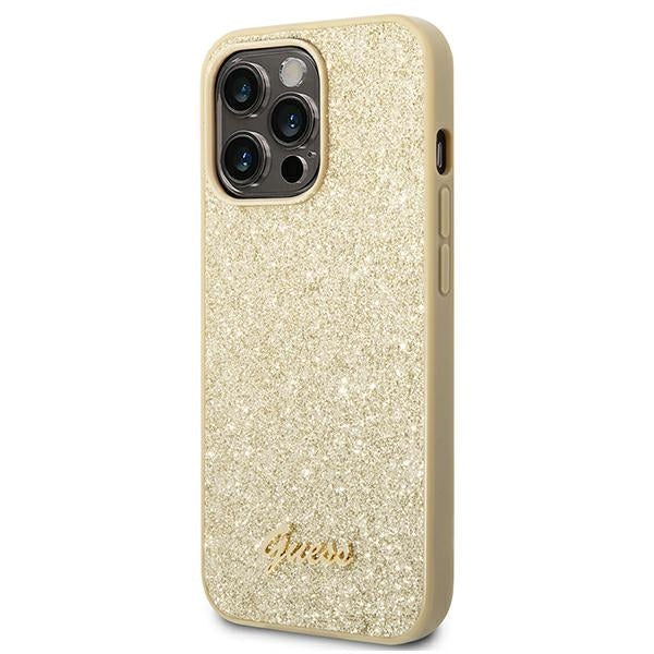 Guess Glitter Script dėklas iPhone 14 Pro – auksinis
