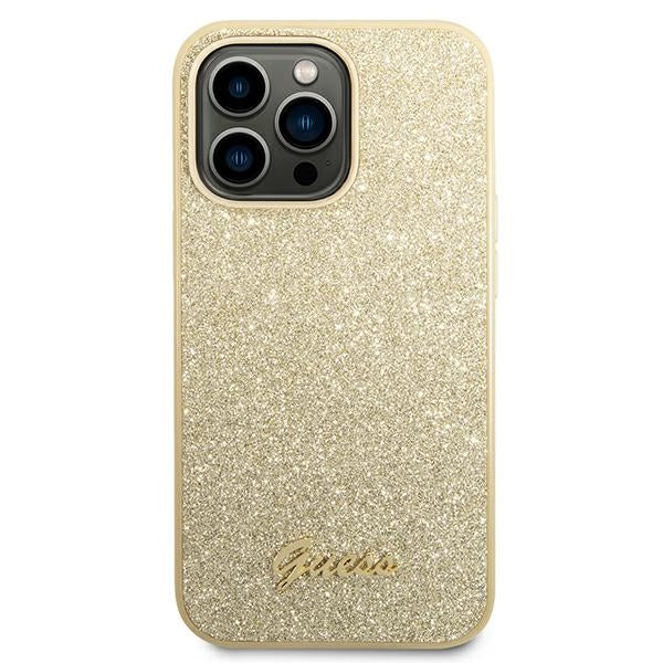 Guess Glitter Script dėklas iPhone 14 Pro – auksinis