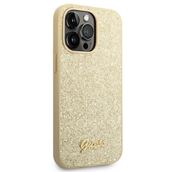 Guess Glitter Script dėklas iPhone 14 Pro – auksinis