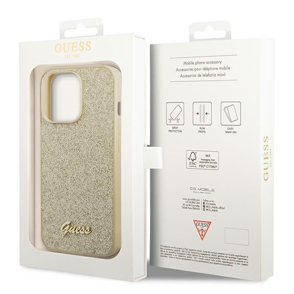 Guess Glitter Script dėklas iPhone 14 Pro – auksinis