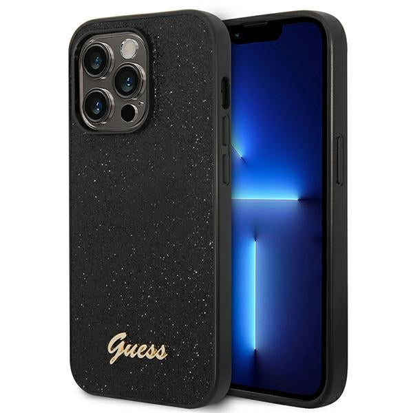Guess Glitter Script dėklas iPhone 14 Pro – juodas