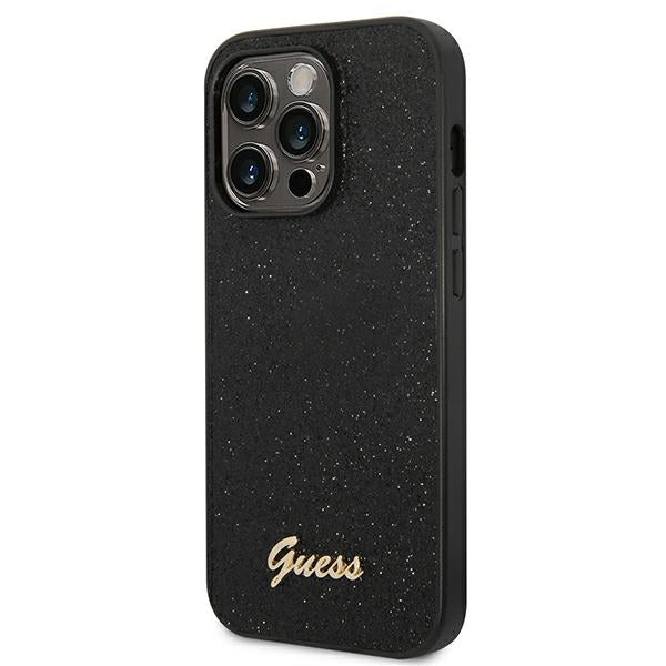 Guess Glitter Script dėklas iPhone 14 Pro – juodas