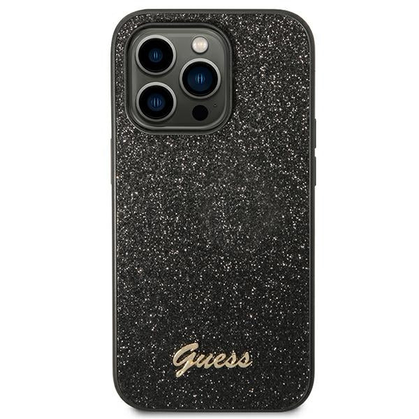 Guess Glitter Script dėklas iPhone 14 Pro – juodas