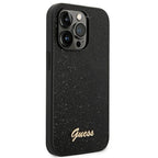 Guess Glitter Script dėklas iPhone 14 Pro – juodas