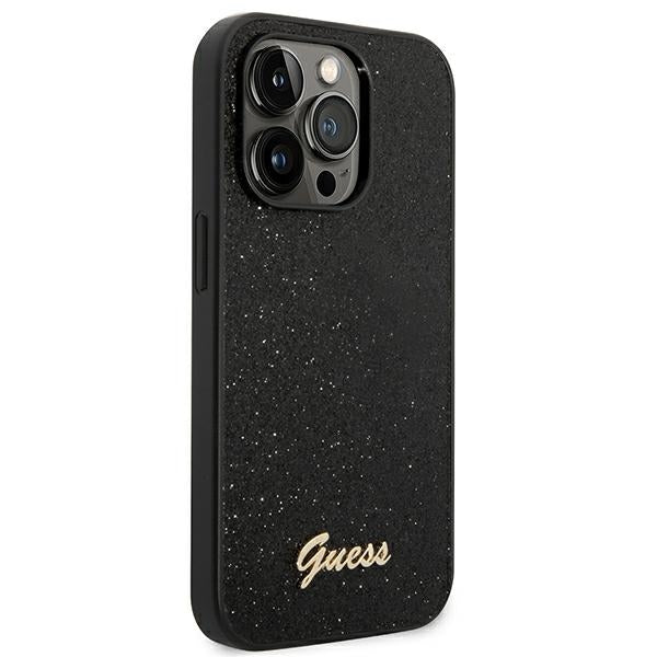 Guess Glitter Script dėklas iPhone 14 Pro – juodas