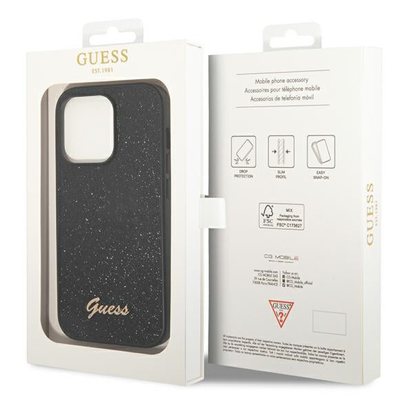 Guess Glitter Script dėklas iPhone 14 Pro – juodas