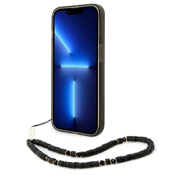 Guess dėklas iPhone 14 Pro su perlo dirželiu – juodas