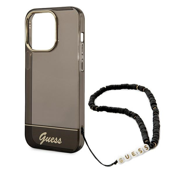 Guess dėklas iPhone 14 Pro su perlo dirželiu – juodas