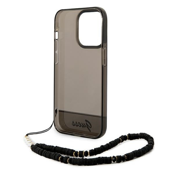 Guess dėklas iPhone 14 Pro su perlo dirželiu – juodas
