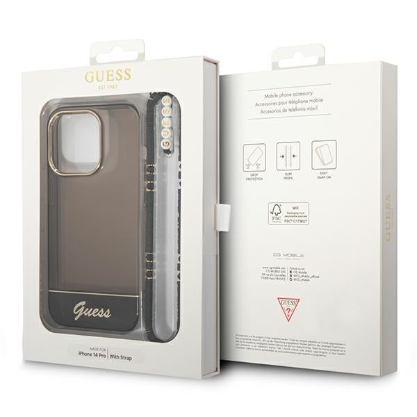 Guess dėklas iPhone 14 Pro su perlo dirželiu – juodas