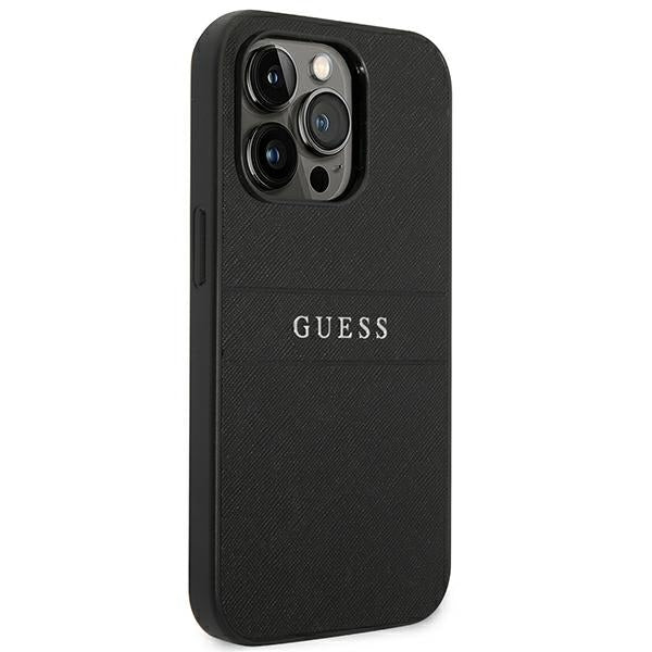 Guess Saffiano Strap dėklas iPhone 14 Pro – juodas