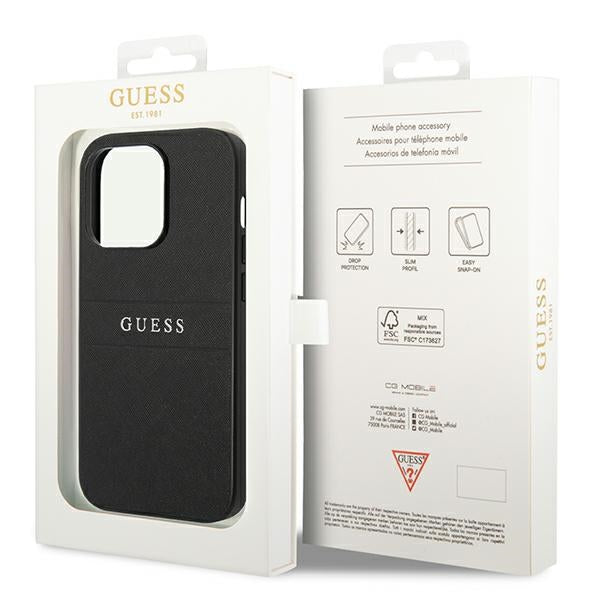 Guess Saffiano Strap dėklas iPhone 14 Pro – juodas