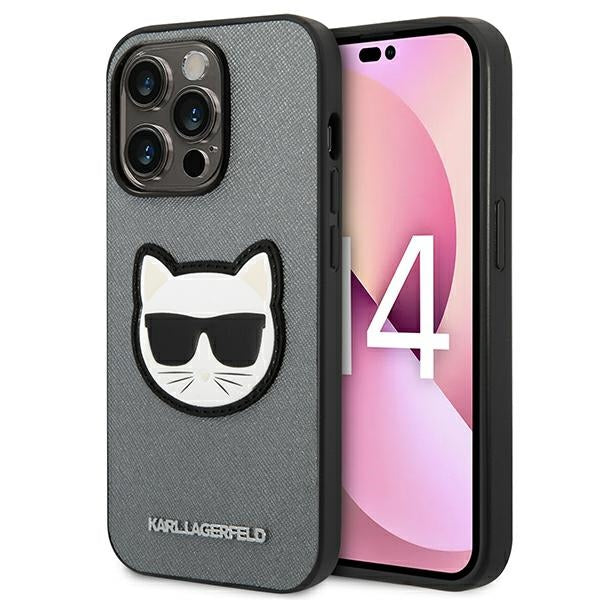 Karl Lagerfeld Saffiano dėklas iPhone 14 Pro Max – sidabrinis