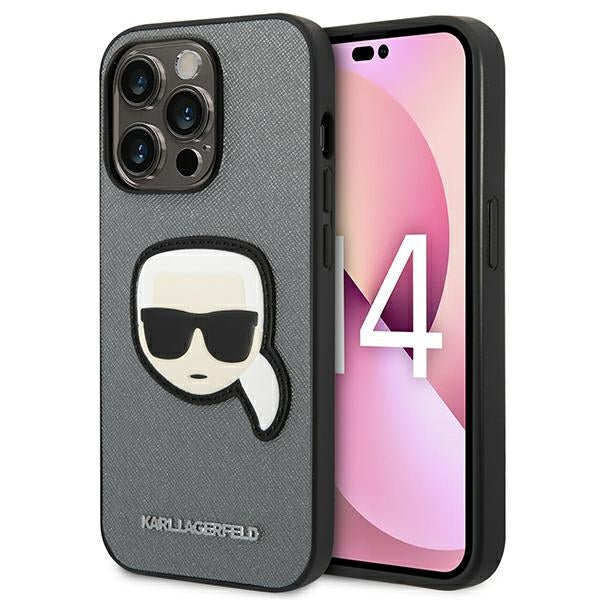 Karl Lagerfeld Saffiano dėklas iPhone 14 Pro – sidabrinis