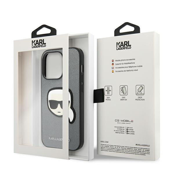 Karl Lagerfeld Saffiano dėklas iPhone 14 Pro – sidabrinis