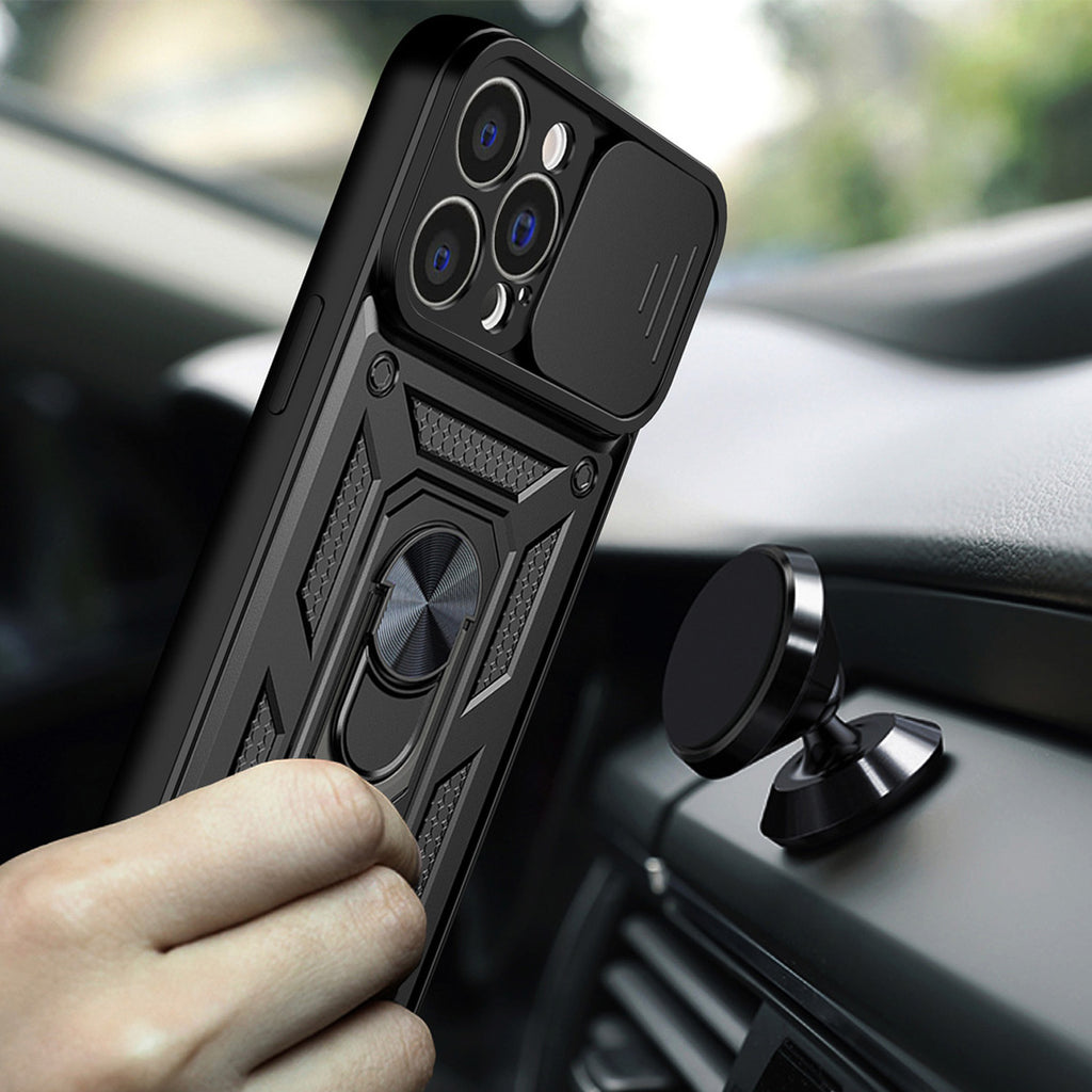 Šarvuotas dėklas iPhone 14 Plus su kameros dangteliu – rožinis