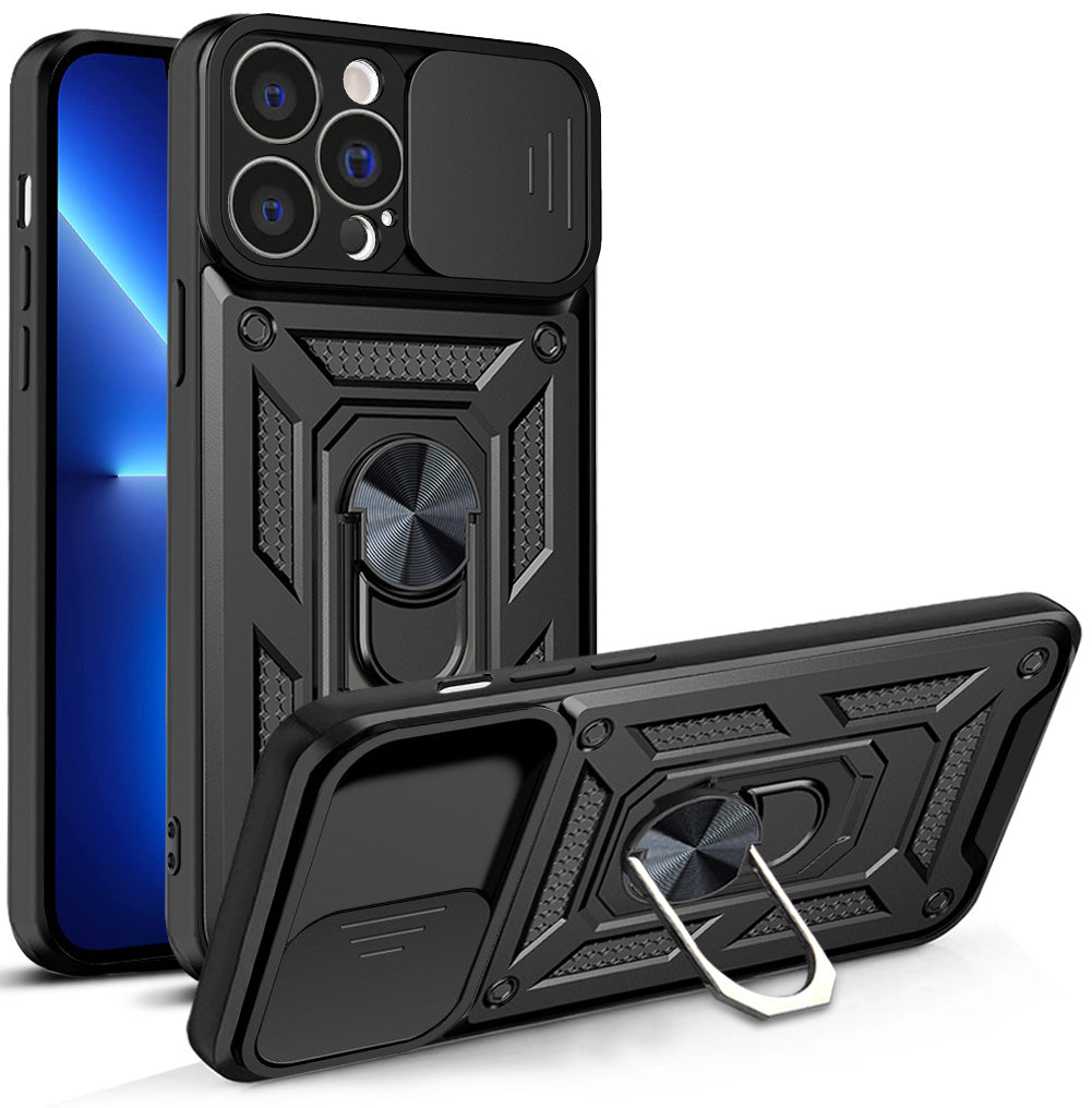 Šarvuotas dėklas iPhone 13 Pro su kameros dangteliu – juodas