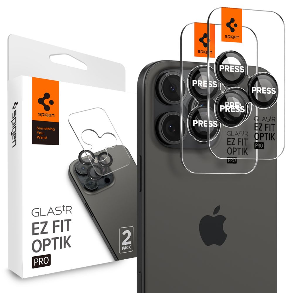Spigen Optik.TR kameros stiklas iPhone 14–17 Pro/Max (2 vnt.) – juodas