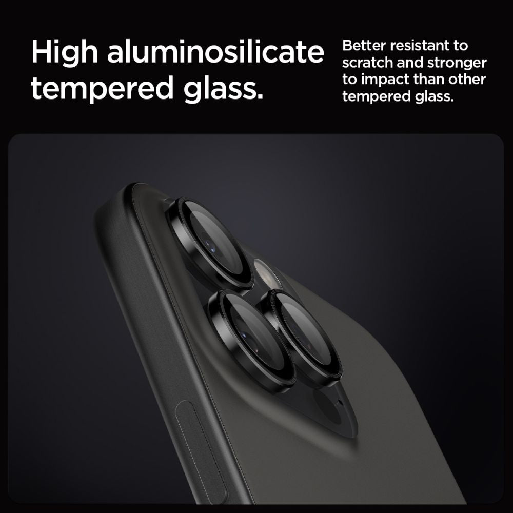 Spigen Optik.TR kameros stiklas iPhone 14–17 Pro/Max (2 vnt.) – juodas