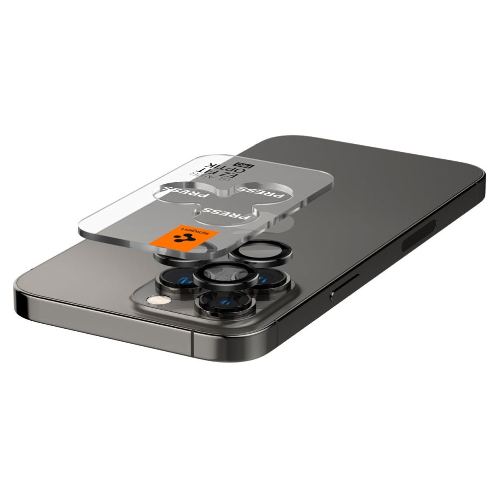 Spigen Optik.TR kameros stiklas iPhone 14–17 Pro/Max (2 vnt.) – juodas