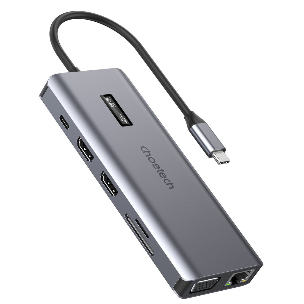 Choetech daugiafunkcinis HUB su ekranu 12in1 USB-C į USB-C / USB-A / HDMI / VGA / AUX / SD / TF pilkas (HUB-M26) -- USB Hubs