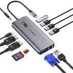 Choetech daugiafunkcinis HUB su ekranu 12in1 USB-C į USB-C / USB-A / HDMI / VGA / AUX / SD / TF pilkas (HUB-M26) -- USB Hubs