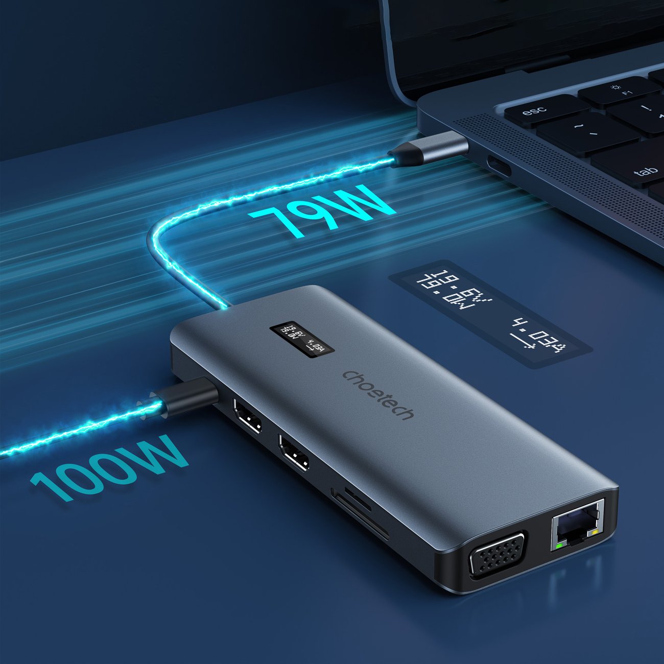 Choetech daugiafunkcinis HUB su ekranu 12in1 USB-C į USB-C / USB-A / HDMI / VGA / AUX / SD / TF pilkas (HUB-M26) -- USB Hubs