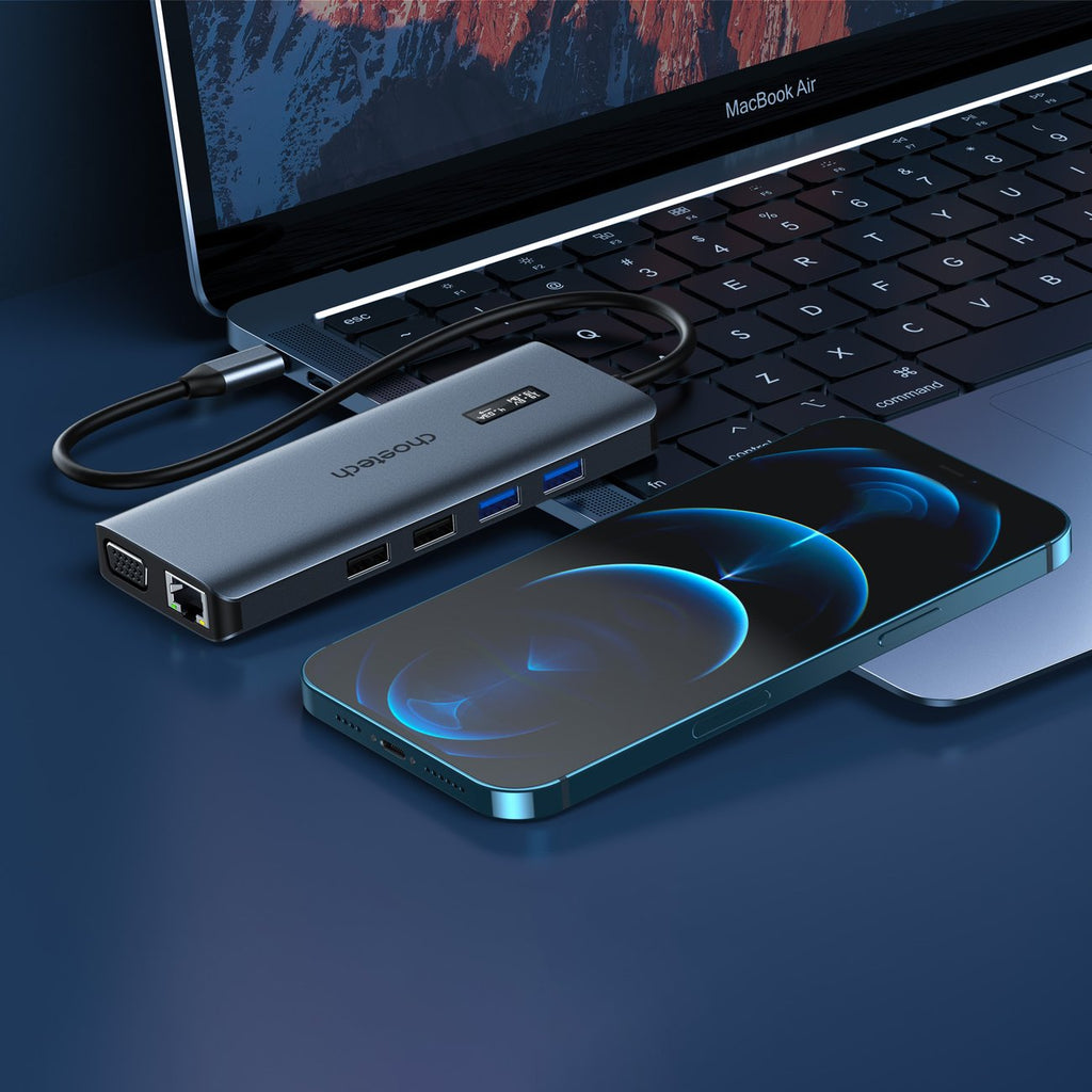 Choetech daugiafunkcinis HUB su ekranu 12in1 USB-C į USB-C / USB-A / HDMI / VGA / AUX / SD / TF pilkas (HUB-M26) -- USB Hubs