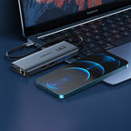 Choetech daugiafunkcinis HUB su ekranu 12in1 USB-C į USB-C / USB-A / HDMI / VGA / AUX / SD / TF pilkas (HUB-M26) -- USB Hubs