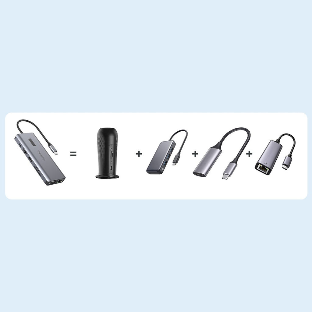 Choetech daugiafunkcinis HUB su ekranu 12in1 USB-C į USB-C / USB-A / HDMI / VGA / AUX / SD / TF pilkas (HUB-M26) -- USB Hubs