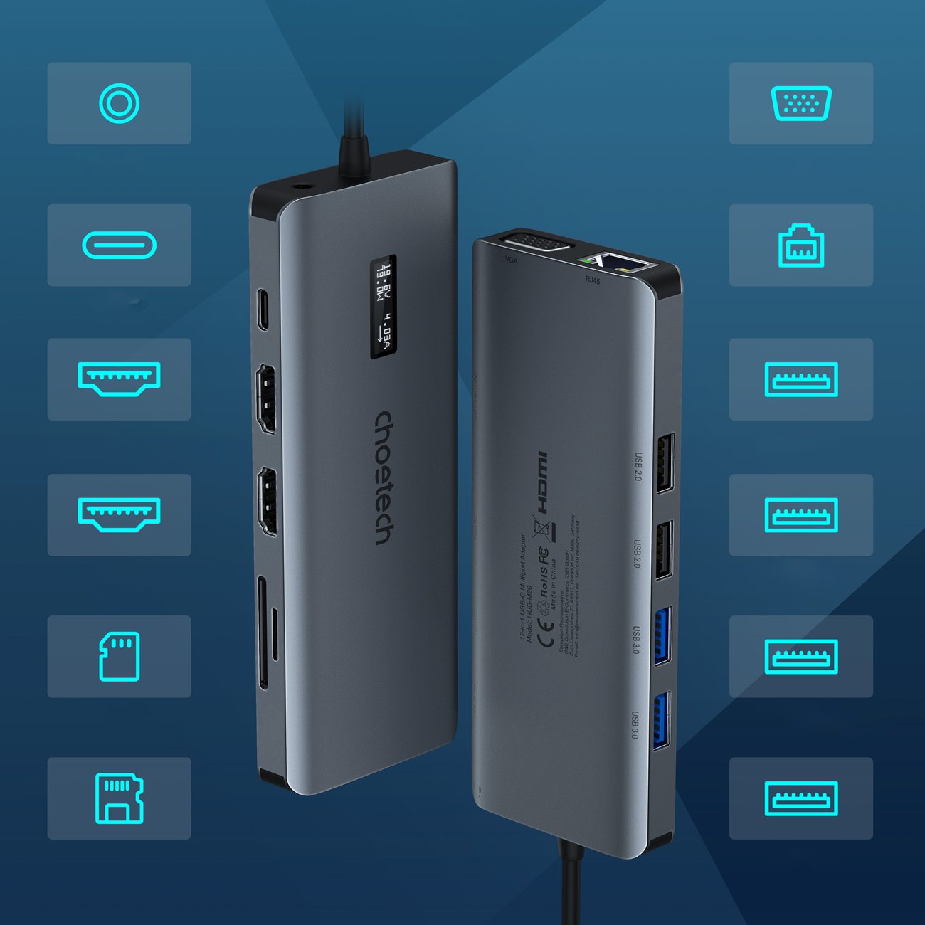 Choetech daugiafunkcinis HUB su ekranu 12in1 USB-C į USB-C / USB-A / HDMI / VGA / AUX / SD / TF pilkas (HUB-M26) -- USB Hubs