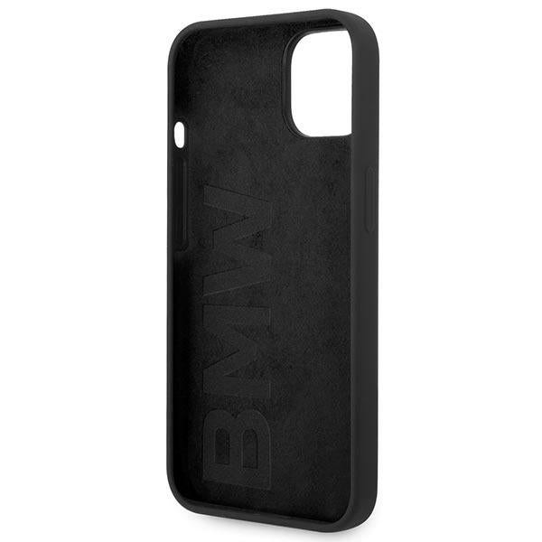 BMW silikoninis dėklas iPhone 14 – juodas, metalinis logotipas