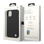 BMW silikoninis dėklas iPhone 14 – juodas, metalinis logotipas