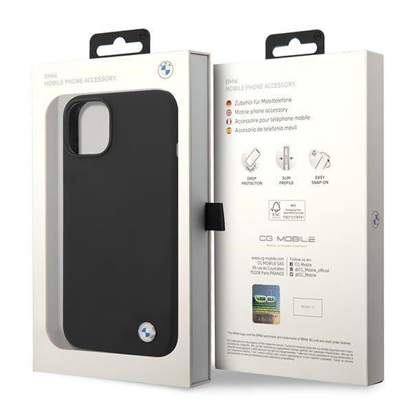 BMW silikoninis dėklas iPhone 14 – juodas, metalinis logotipas