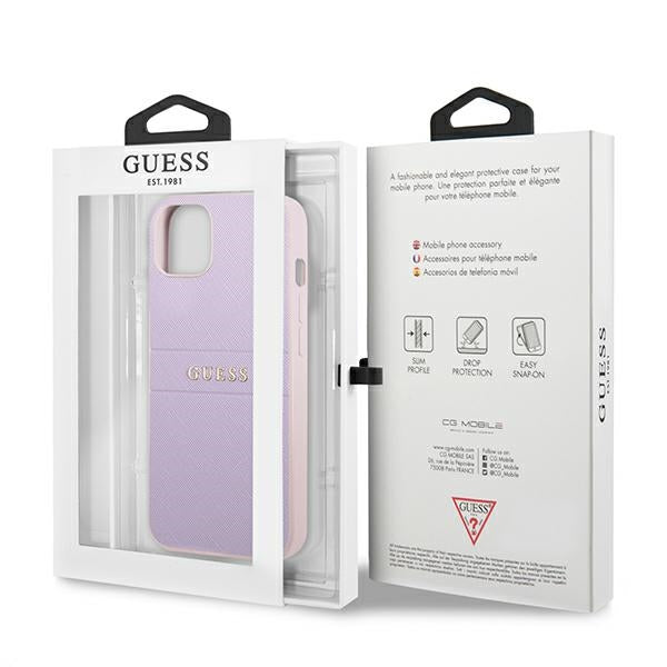 Guess Saffiano Strap dėklas iPhone 13 mini – violetinis