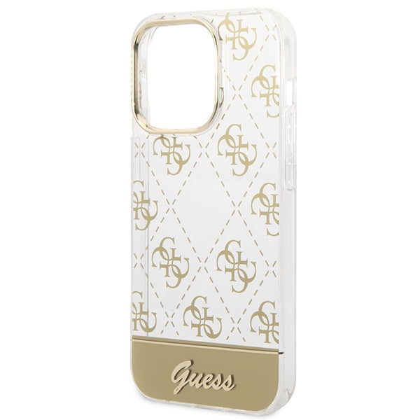 Guess dėklas iPhone 14 Pro – auksinis, 4G Pattern Script