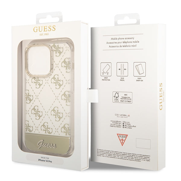 Guess dėklas iPhone 14 Pro – auksinis, 4G Pattern Script