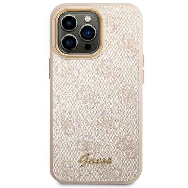 Guess 4G Vintage Gold Logo dėklas iPhone 14 Pro – rožinis