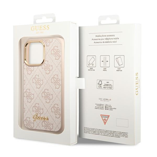 Guess 4G Vintage Gold Logo dėklas iPhone 14 Pro – rožinis