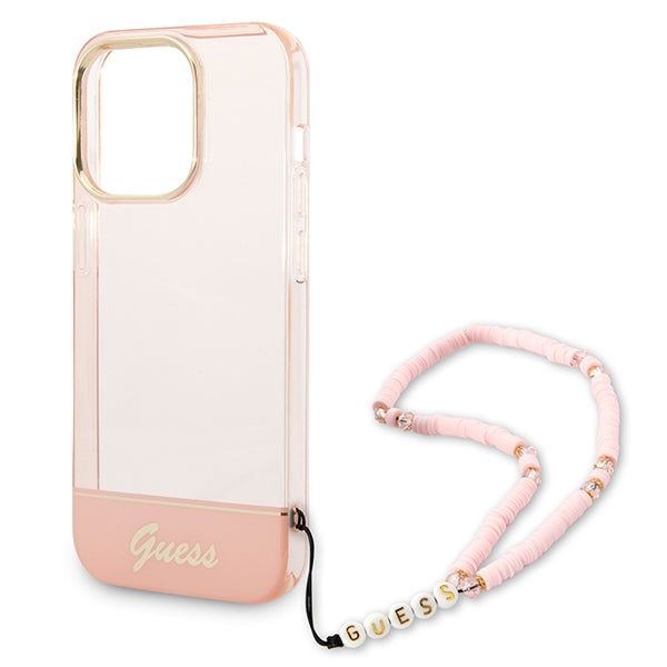 Guess skaidrus dėklas iPhone 14 Pro 6,1" – rožinis su dirželiu