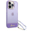 Guess skaidrus dėklas iPhone 14 Pro su dirželiu – violetinis